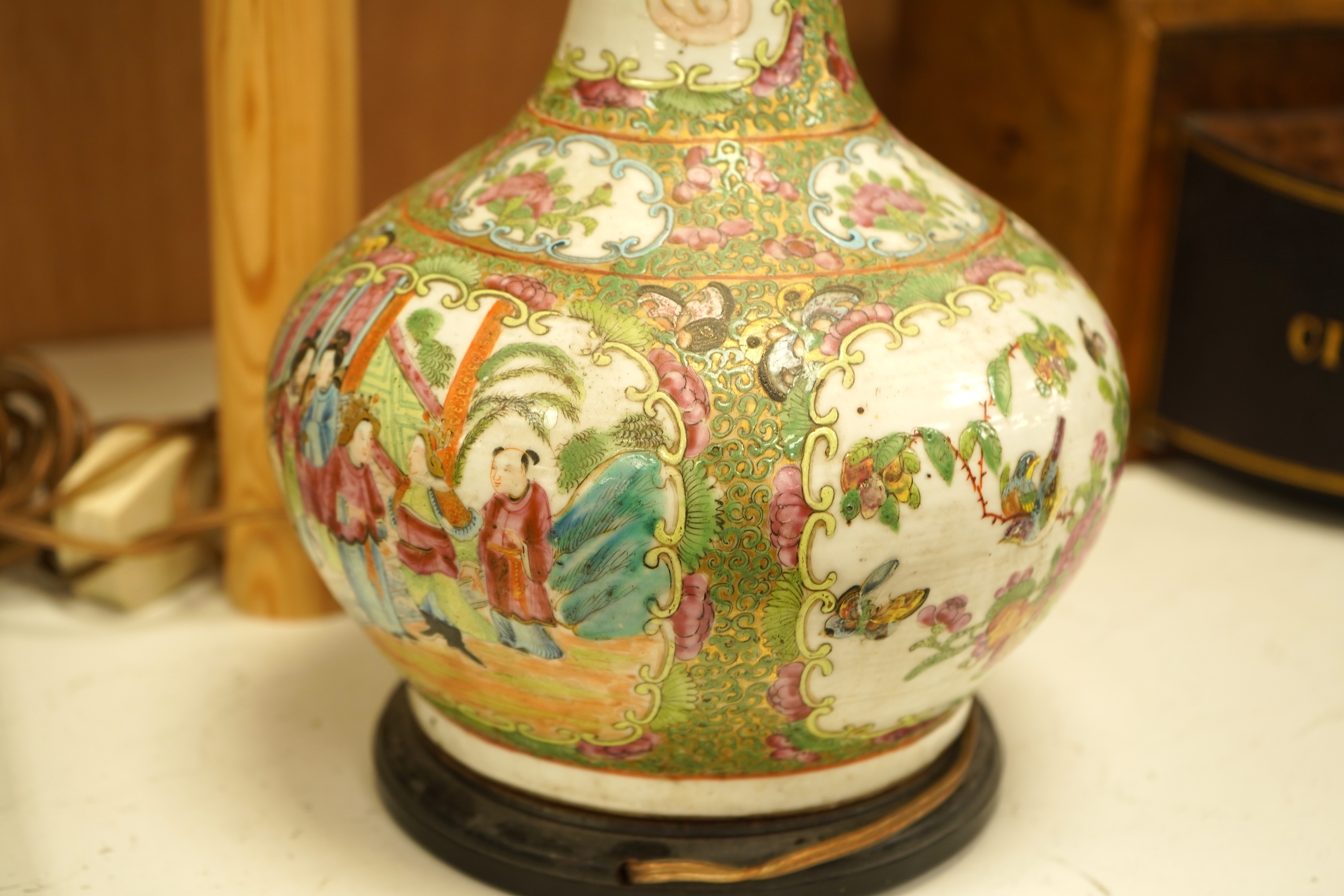 A Chinese famille rose bottle vase, now converted to a lamp, 43cm high overall